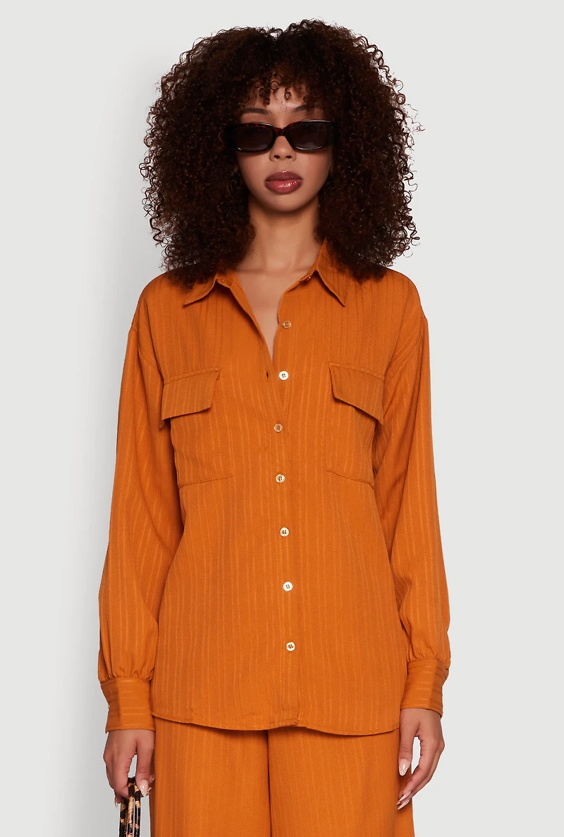 Womens Iris Shadow Stripe Textured Knit Button Front Shirt, Brown,