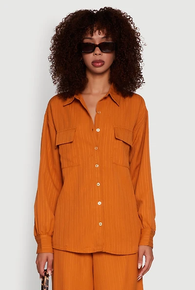 Womens Iris Shadow Stripe Textured Knit Button Front Shirt,