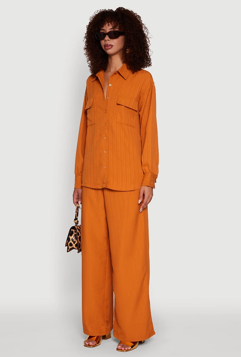Womens Iris Shadow Stripe Textured Knit Button Front Shirt,
