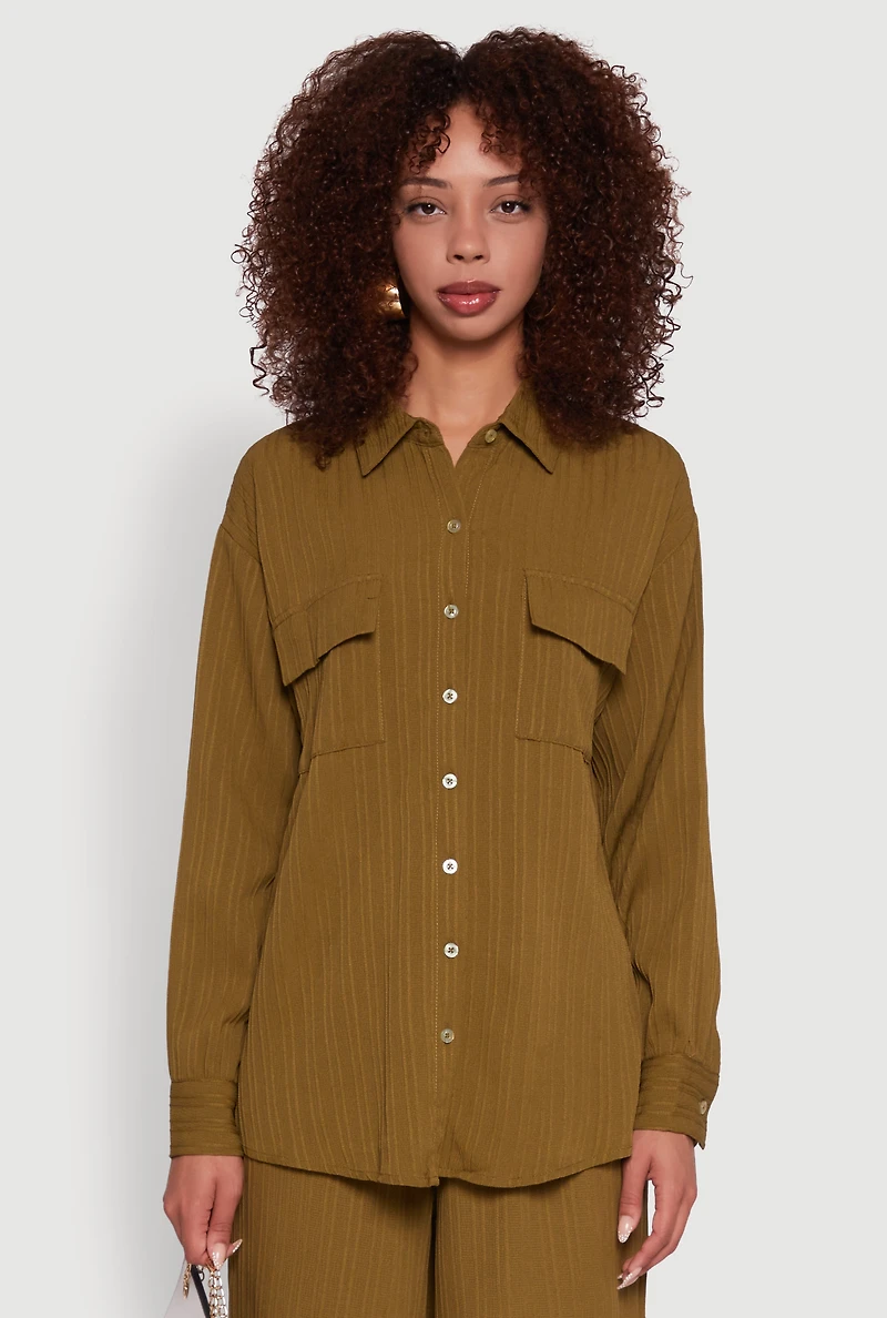 Womens Iris Shadow Stripe Textured Knit Button Front Shirt, Green, Size S