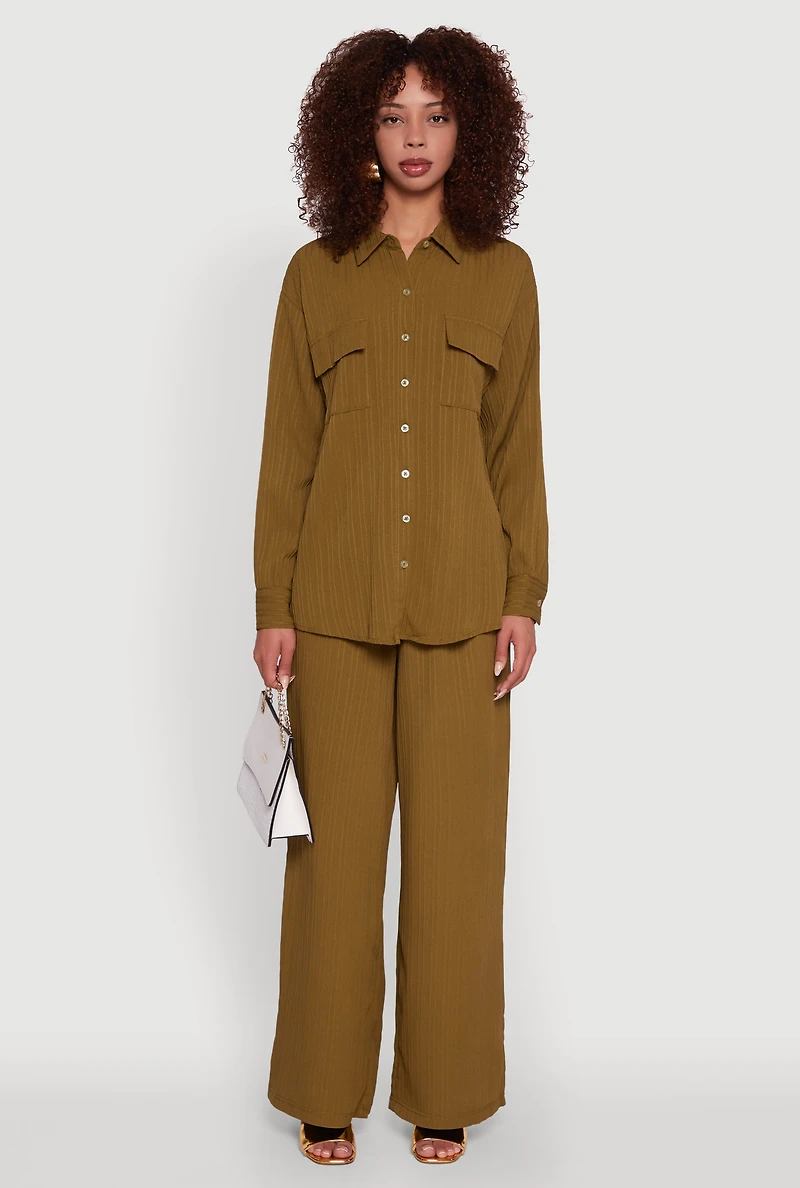 Womens Iris Shadow Stripe Textured Knit Button Front Shirt, Green, Size M