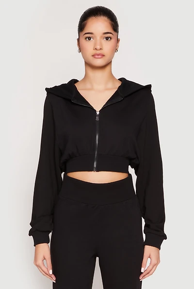 Womens Zip Front Cropped Hoodie, Black, Size L