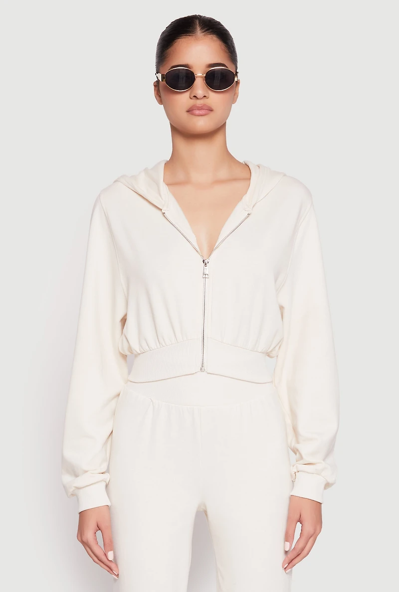 Womens Zip Front Cropped Hoodie, Beige, Size L