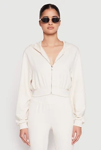 Womens Zip Front Cropped Hoodie, Beige, Size L