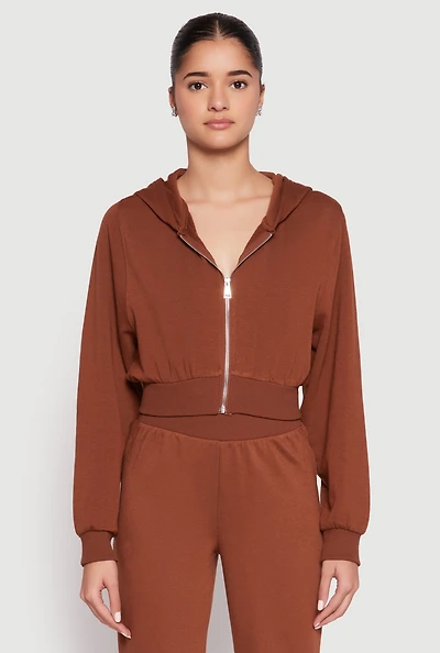 Womens Zip Front Cropped Hoodie, Brown, Size L