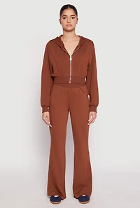 Womens Zip Front Cropped Hoodie, Brown, Size L