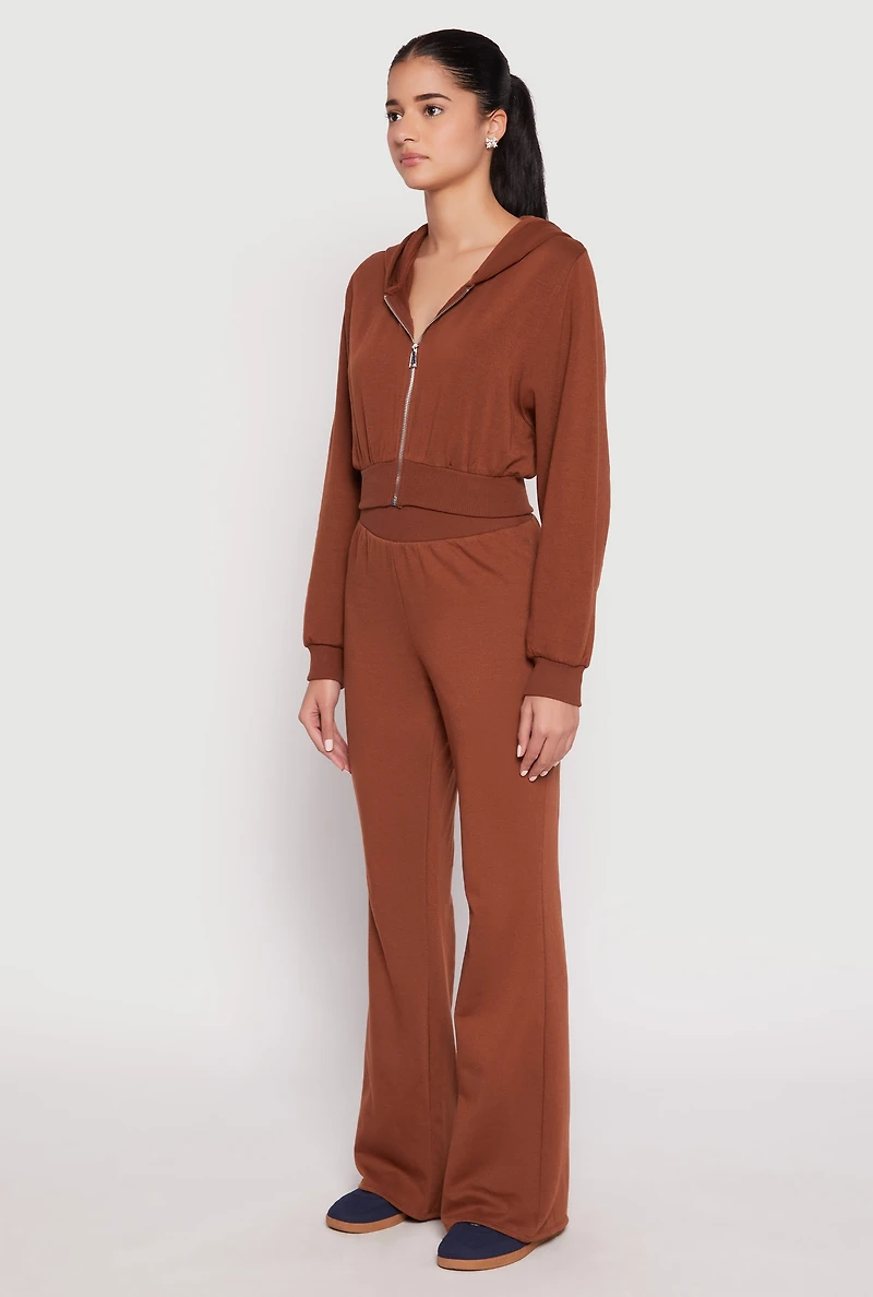 Womens Zip Front Cropped Hoodie, Brown, Size L