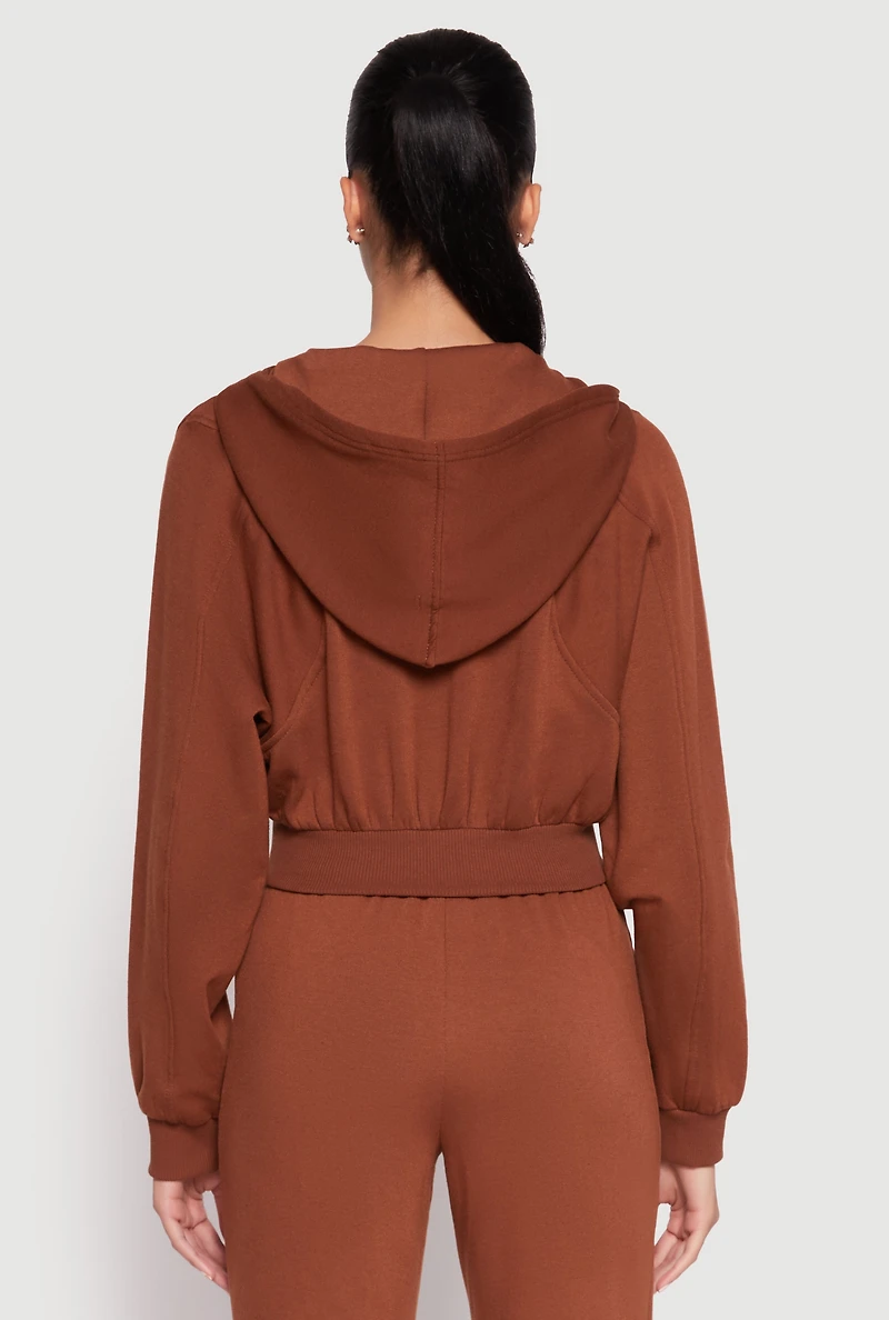 Womens Zip Front Cropped Hoodie, Brown, Size S