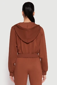 Womens Zip Front Cropped Hoodie, Brown, Size S