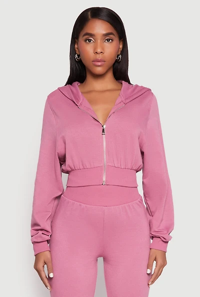 Womens Zip Front Cropped Hoodie, Pink, Size S