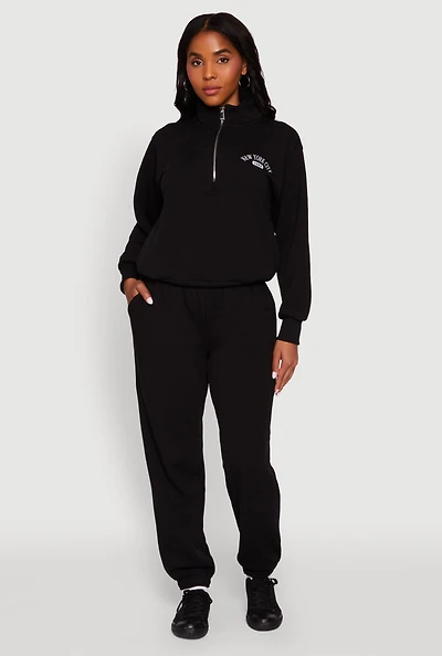 Womens High Waisted Fleece Lined Elastic Waist Joggers, Black, Size L