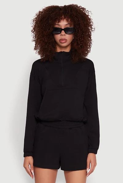 Womens Mock Neck Quarter Zip Pullover Sweatshirt, Black, Size L