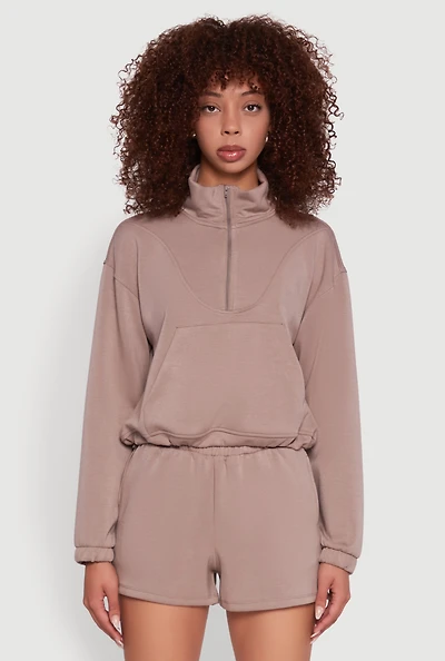 Womens Mock Neck Quarter Zip Pullover Sweatshirt, Brown, Size S