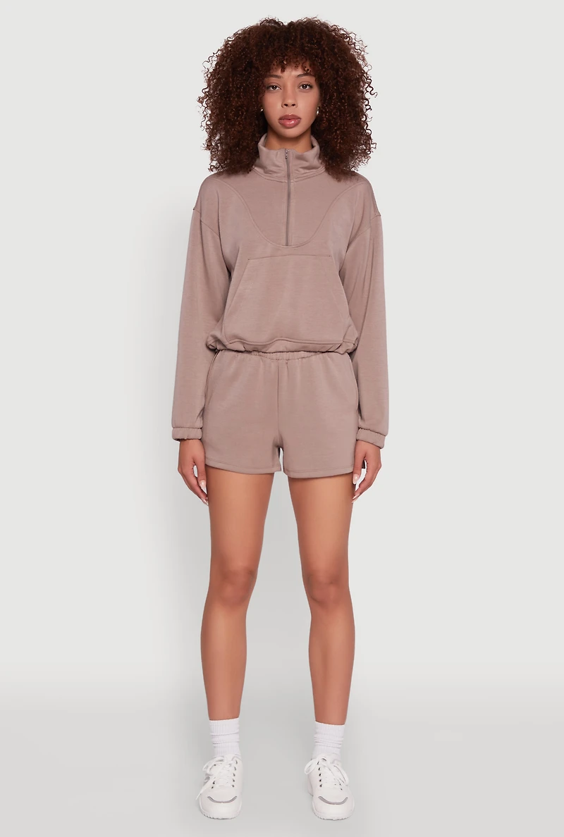 Womens Mock Neck Quarter Zip Pullover Sweatshirt, Brown, Size S