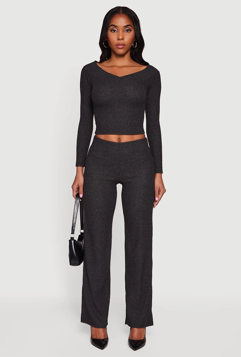 Ribbed Knit Long Sleeve Off The Shoulder Crop Top