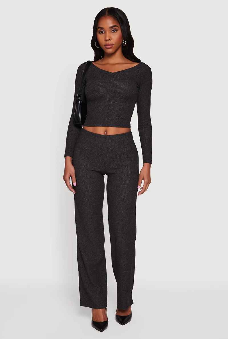 Ribbed Knit Long Sleeve Off The Shoulder Crop Top