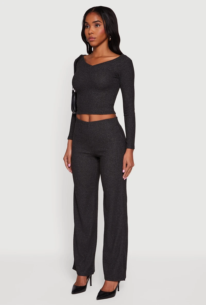 Ribbed Knit Long Sleeve Off The Shoulder Crop Top