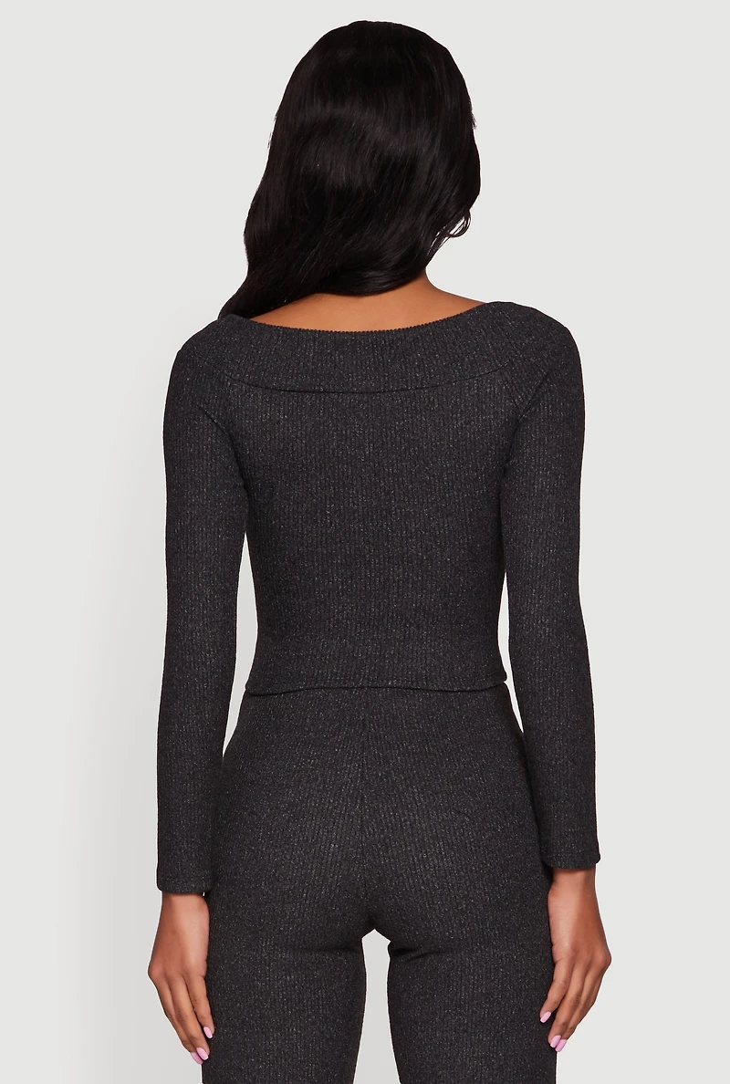 Ribbed Knit Long Sleeve Off The Shoulder Crop Top