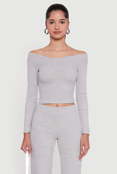 Womens Ribbed Knit Long Sleeve Off The Shoulder Crop Top, Grey, Size S
