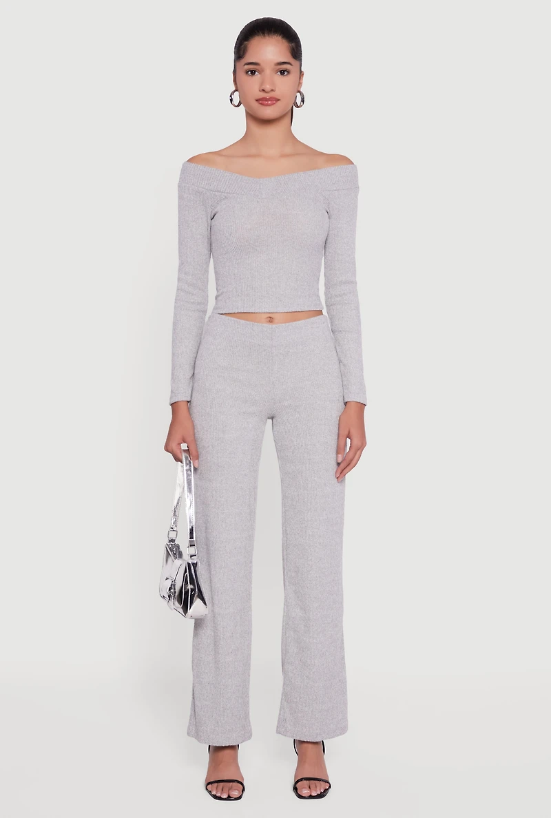 Ribbed Knit Straight Leg Pull On Pants