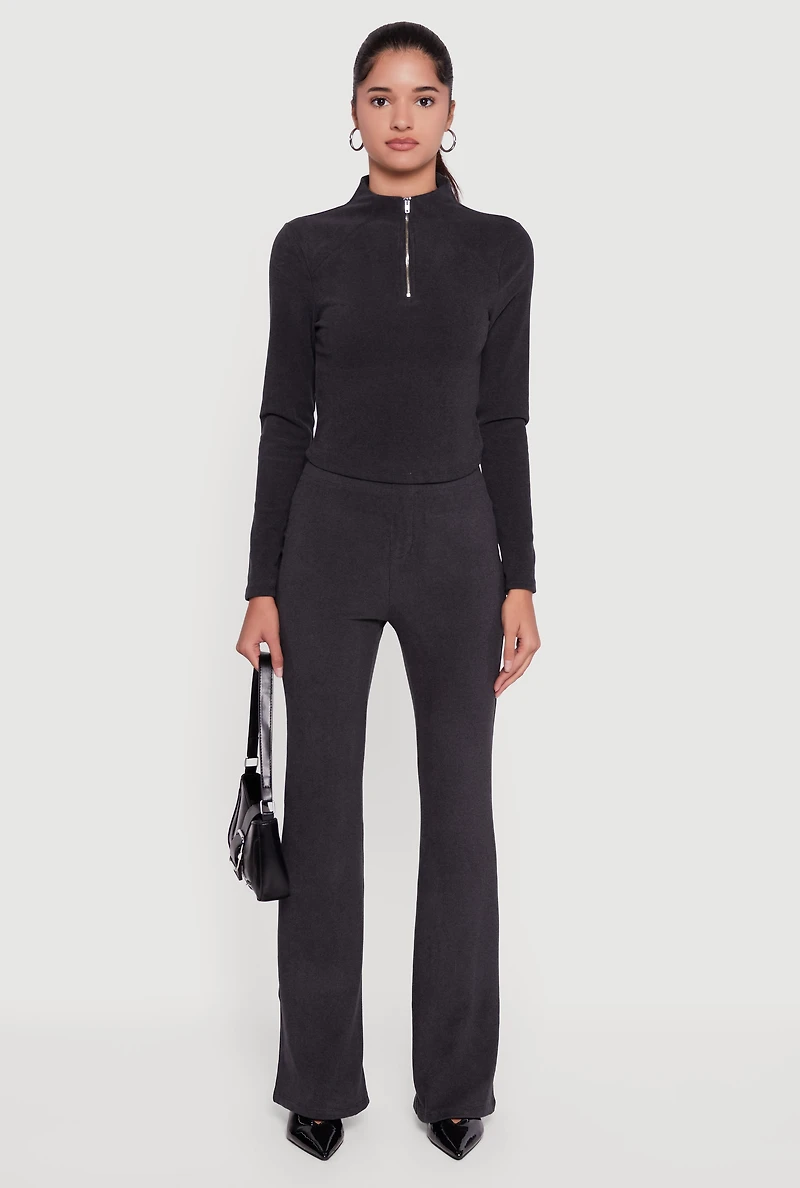 Womens Brushed Rib Knit Long Sleeve Mock Neck Top, Black, Size M