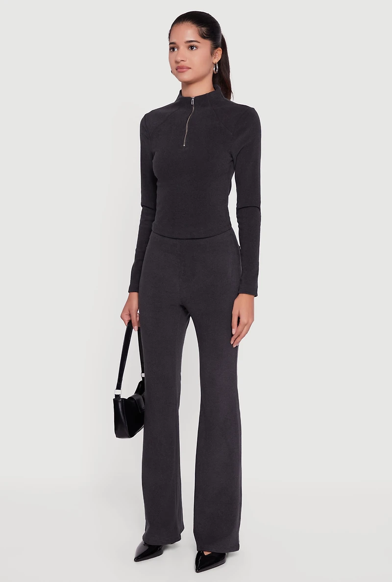 Womens Brushed Rib Knit Long Sleeve Mock Neck Top, Black, Size M