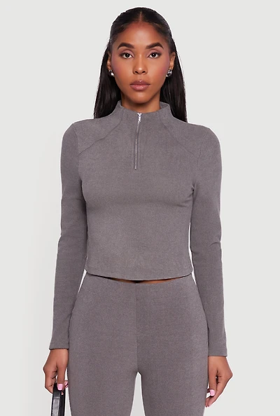 Brushed Rib Knit Long Sleeve Mock Neck Top