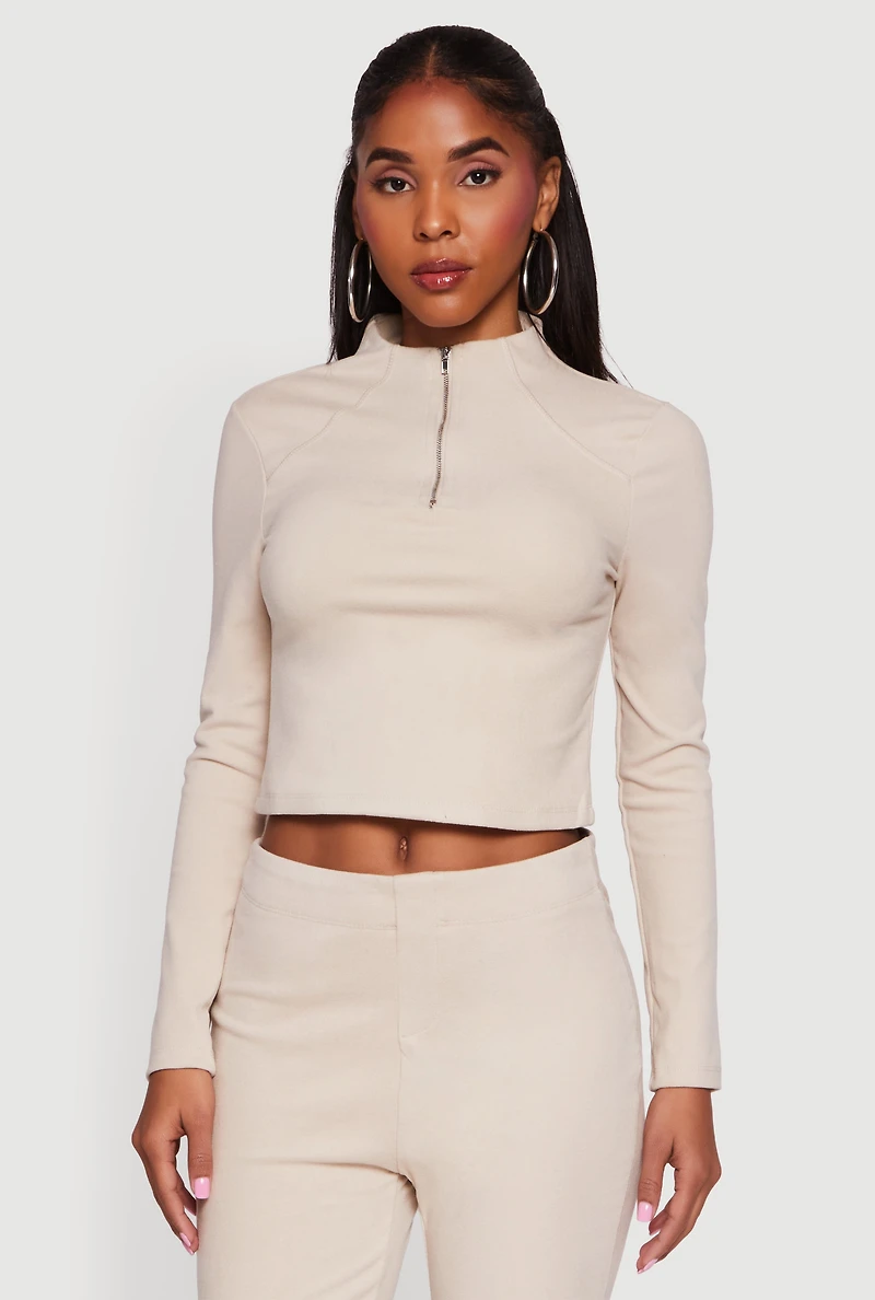 Womens Brushed Rib Knit Long Sleeve Mock Neck Top, Beige, Size S