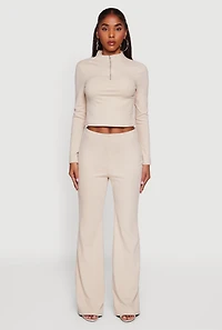 Womens Brushed Rib Knit Long Sleeve Mock Neck Top, Beige, Size S