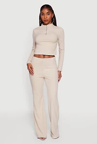 Womens Brushed Rib Knit Long Sleeve Mock Neck Top, Beige, Size S