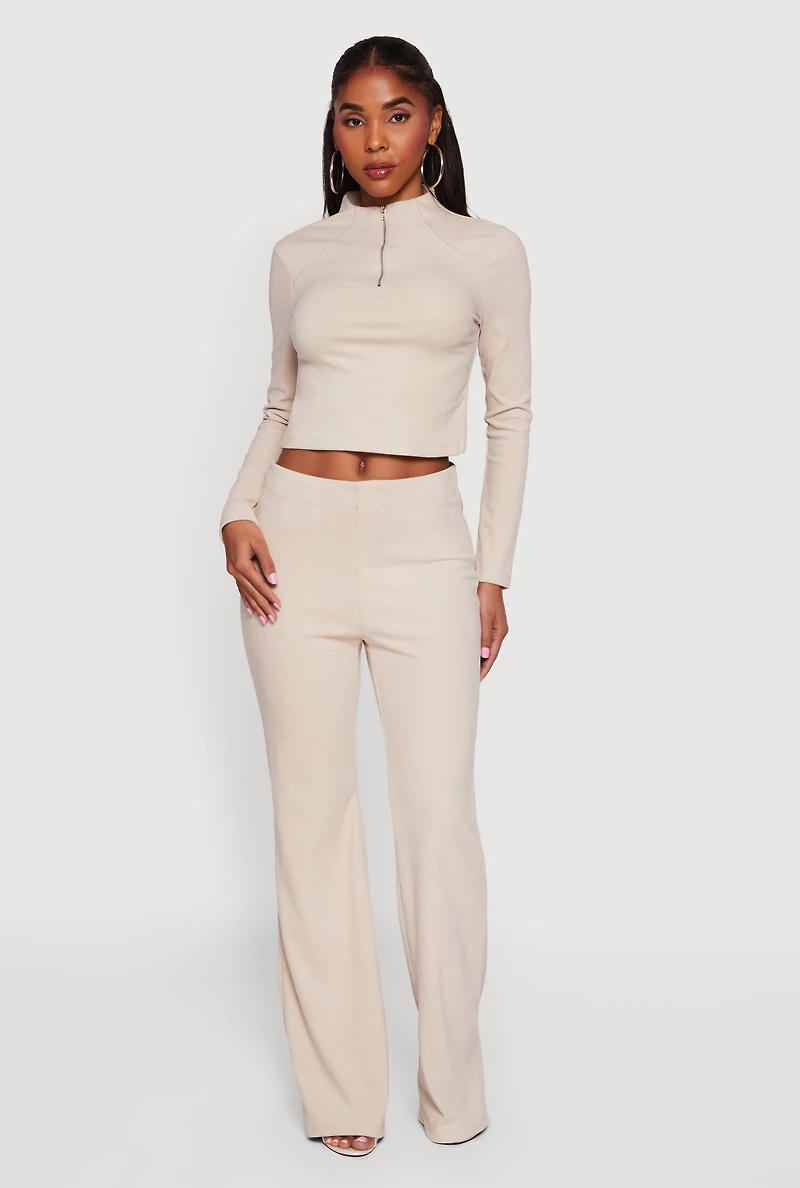 Womens Brushed Rib Knit Long Sleeve Mock Neck Top, Beige, Size L