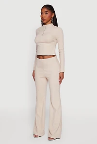 Womens Brushed Rib Knit Long Sleeve Mock Neck Top, Beige, Size S