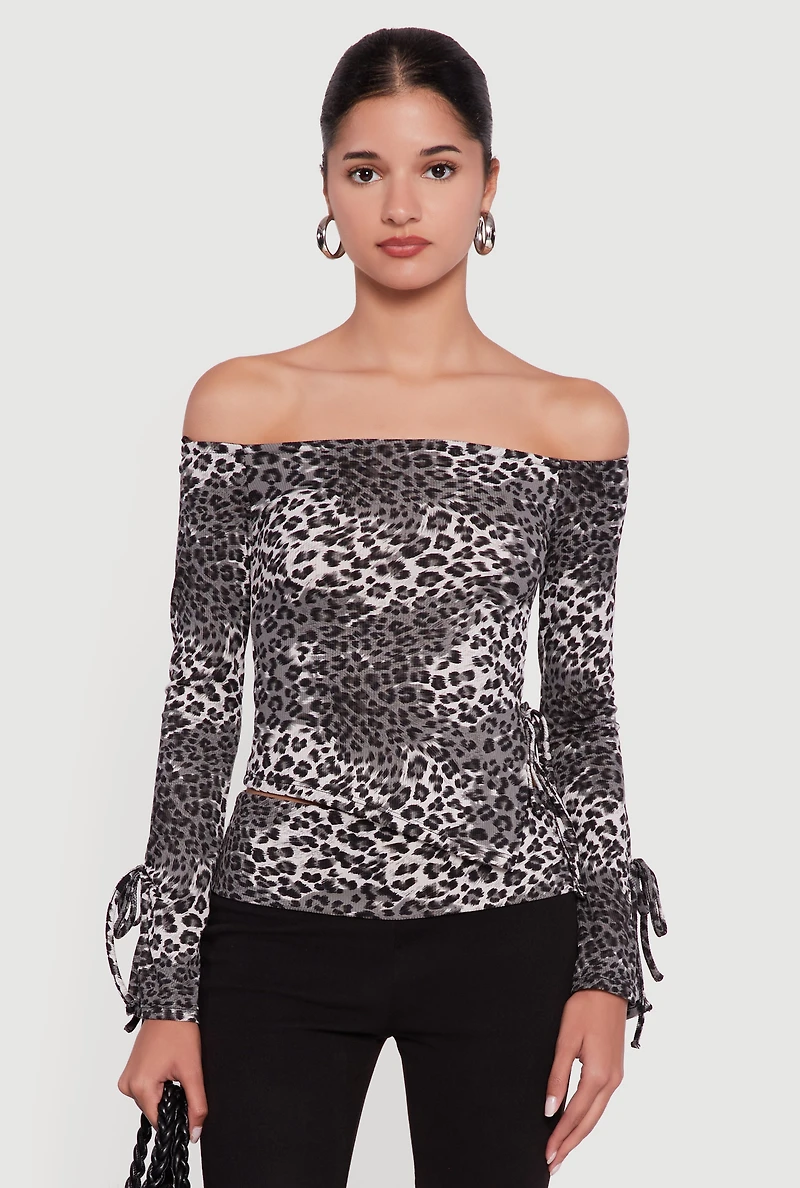 Womens Ribbed Knit Leopard Print Off the Shoulder Blouse, Grey, Size L