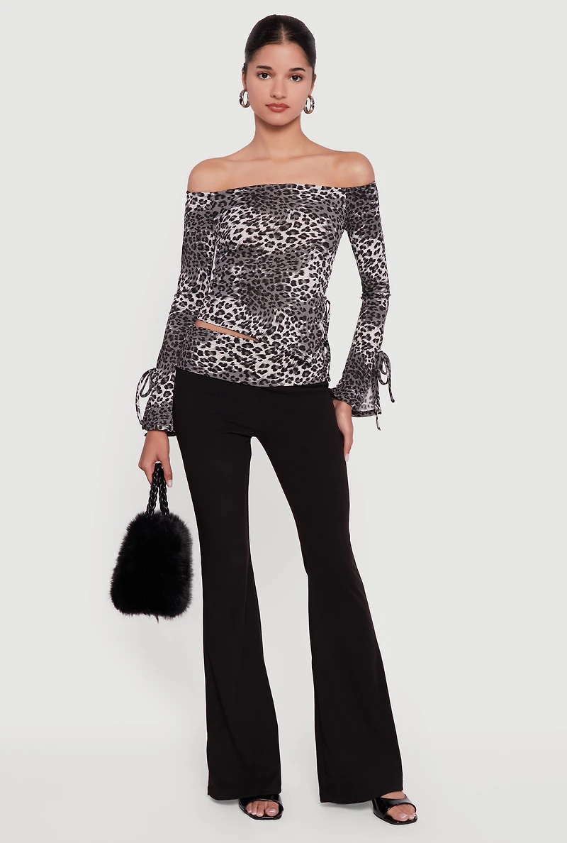 Womens Ribbed Knit Leopard Print Off the Shoulder Blouse, Grey, Size L