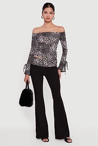 Ribbed Knit Leopard Print Off the Shoulder Blouse