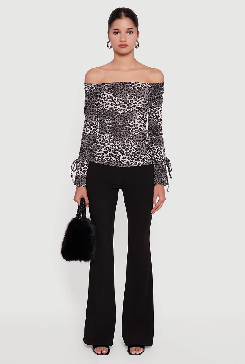 Womens Ribbed Knit Leopard Print Off the Shoulder Blouse, Grey, Size L