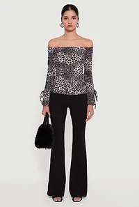 Womens Ribbed Knit Leopard Print Off the Shoulder Blouse, Grey, Size L