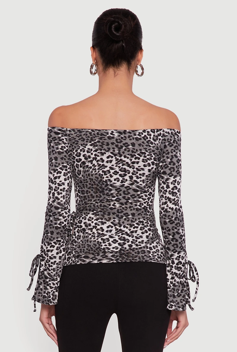 Womens Ribbed Knit Leopard Print Off the Shoulder Blouse, Grey, Size L