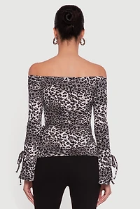 Womens Ribbed Knit Leopard Print Off the Shoulder Blouse, Grey, Size L