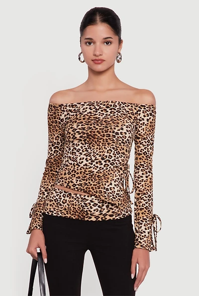 Ribbed Knit Leopard Print Off the Shoulder Blouse