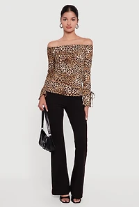 Ribbed Knit Leopard Print Off the Shoulder Blouse