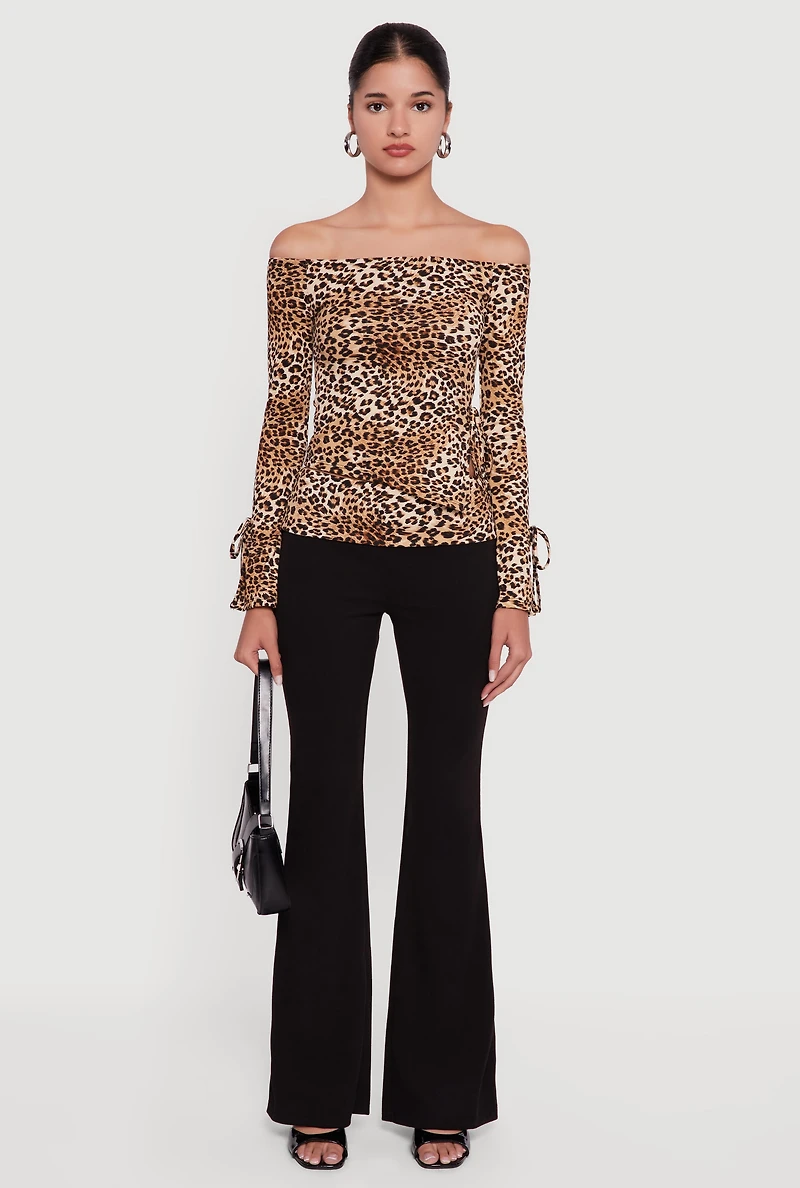 Ribbed Knit Leopard Print Off the Shoulder Blouse