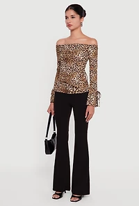 Ribbed Knit Leopard Print Off the Shoulder Blouse