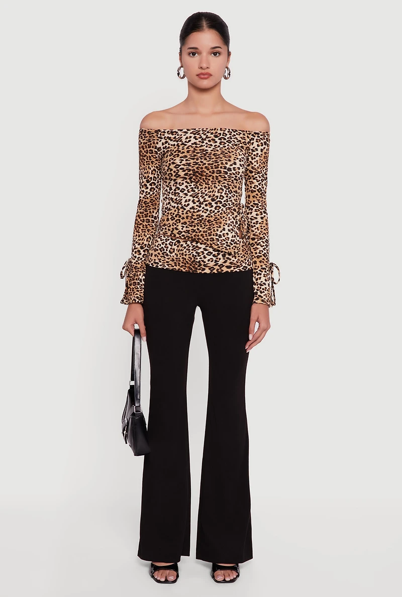 Trendy Leopard Print Fold Over Rib Knit Flare Leg Pants