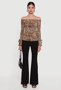 Trendy Leopard Print Fold Over Rib Knit Flare Leg Pants