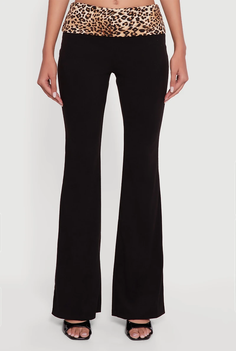 Trendy Leopard Print Fold Over Rib Knit Flare Leg Pants