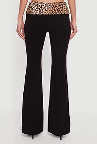 Trendy Leopard Print Fold Over Rib Knit Flare Leg Pants