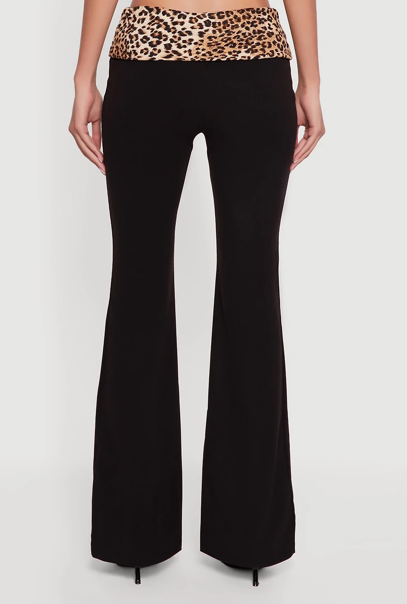 Trendy Leopard Print Fold Over Rib Knit Flare Leg Pants