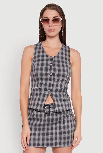 Womens Fleece Plaid Button Front V-Neck Vest, Grey,