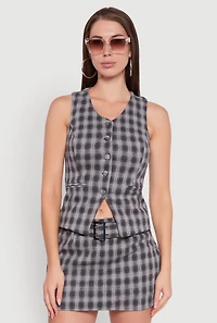 Womens Fleece Plaid Button Front V-Neck Vest, Grey, Size L